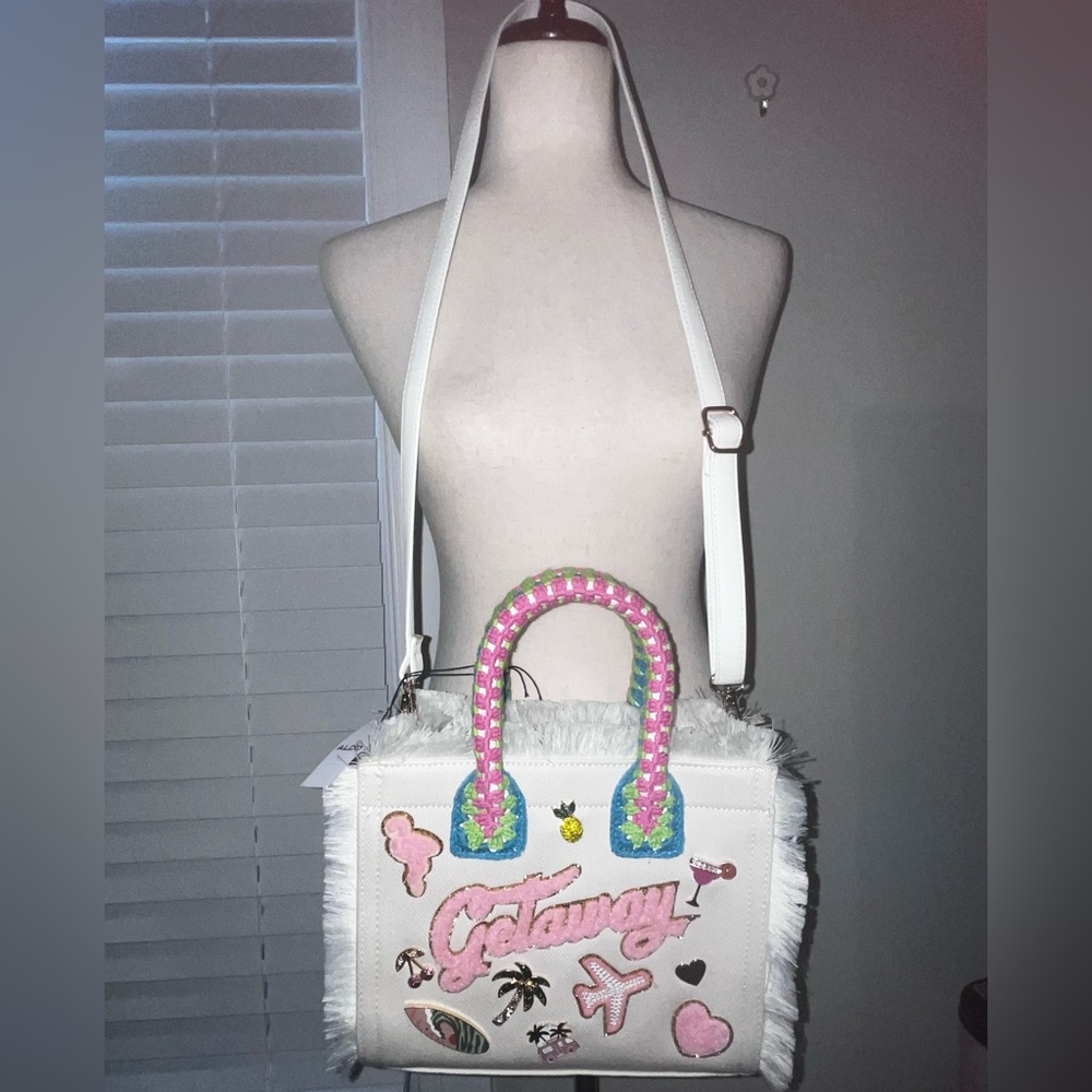 ALDO Beachyx small satchel/denim/crochet handles- vacation-themed embellishments